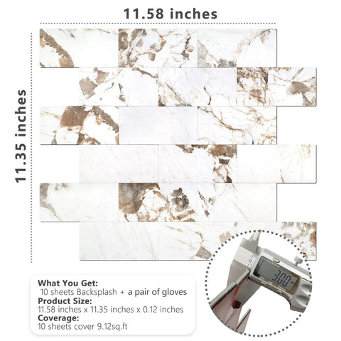 10 Sheet Subway Tile Peel And Stick Backsplash Kit With Self Adhesive PVC Tiles In Star White Marble And Light Grey Dolomite sizing details