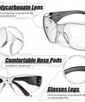 Features of 48 Pairs Safety Glasses Protective Eyewear Goggles For Work And Home, showing polycarbonate lenses and comfortable nose pads.