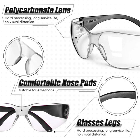 Features of 48 Pairs Safety Glasses Protective Eyewear Goggles For Work And Home, showing polycarbonate lenses and comfortable nose pads.