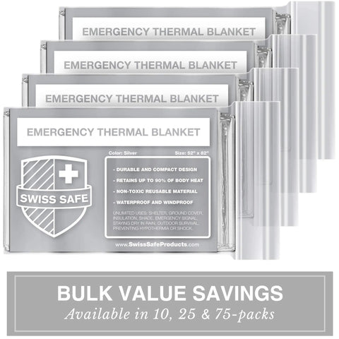 Emergency Mylar Blanket Pack 25 Silver Space Blankets Grab And Go Compact Dual Sided Reflective Heat Retention For Camping Survival First Aid Car Kit NASA Tested packaging