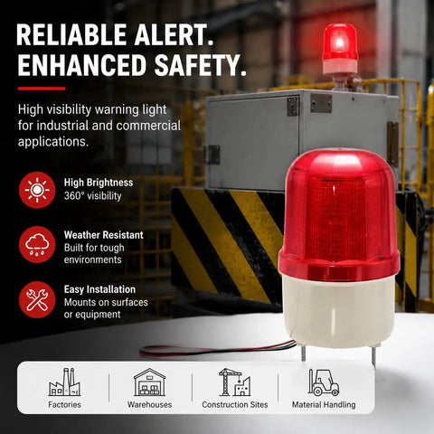 Industrial LED Rotating Strobe Beacon Warning Light For Emergency Use, Red Signal Light on Machinery in Warehouse