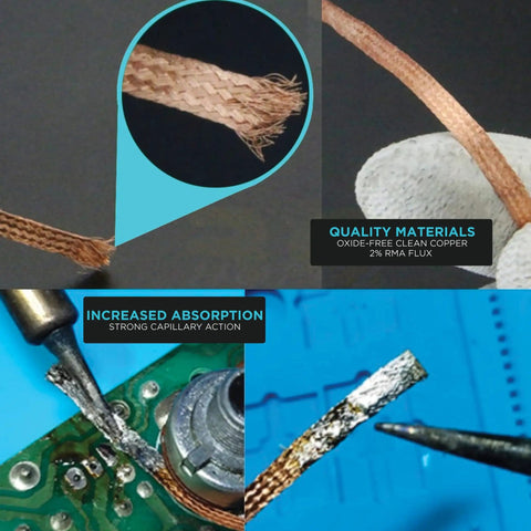 Desoldering Wick Copper Braided Solder Braid With Flux Ten Feet Long Two Point Five Millimeter Wide No Clean Rosin Flux Pro Grade Desoldering Wire For Circuit Boards And Electronics Repair shown in detailed close-up view highlighting copper braid and absorption on circuit board.