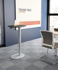 Heavy Duty Pneumatic Lectern With Smooth Height Adjustment Mobile Presentation Podium in modern office setup, height adjustable, grey base.