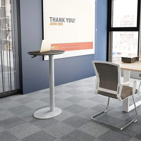Heavy Duty Pneumatic Lectern With Smooth Height Adjustment Mobile Presentation Podium in modern office setup, height adjustable, grey base.