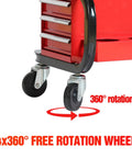 Close-up of 360° rotating caster on Tool Box With Built In Creeper Seat And Three Drawer Heavy Duty Tool Chest On Four Rolling Casters