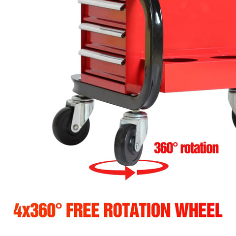 Close-up of 360° rotating caster on Tool Box With Built In Creeper Seat And Three Drawer Heavy Duty Tool Chest On Four Rolling Casters