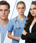 Three individuals wearing Women Anti Fog Safety Glasses featuring crystal clear protective vision, in various professional settings.