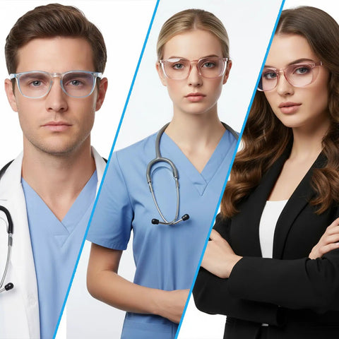 Three individuals wearing Women Anti Fog Safety Glasses featuring crystal clear protective vision, in various professional settings.