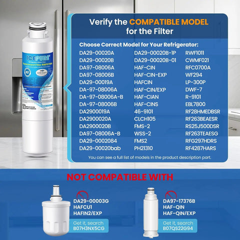 Replacement Samsung DA2900020B Fridge Water Filter compatibility chart with compatible and incompatible models.