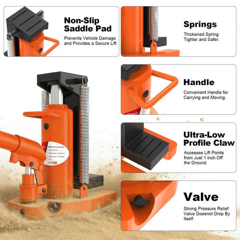 Beefy Heavy Duty Toe Jack 5 Ton And 2.5 Ton Hydraulic Floor Jack with non-slip saddle, springs, and handle for versatile use.