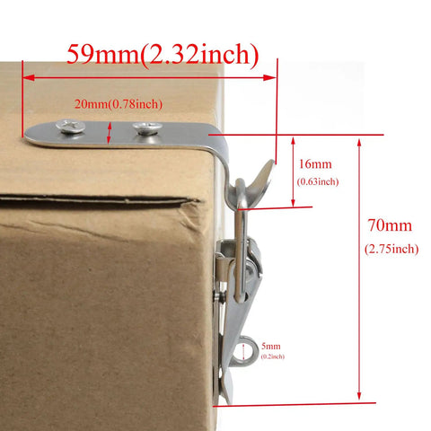 Detailed view of 90 Degree Stainless Steel Latch Kit for Toolbox and Cabinet Doors with dimensions labeled