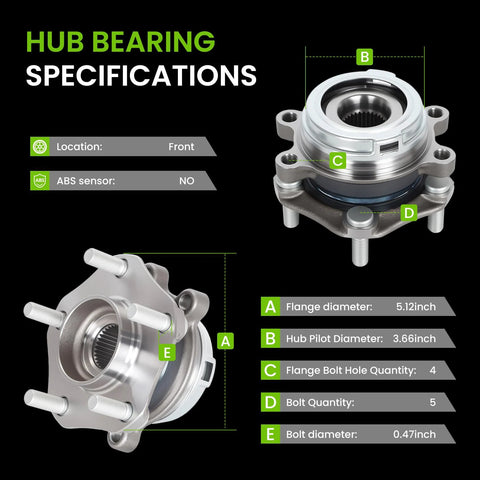 Two Pack Front Wheel Bearing Hub Assembly For 2009 2018 Murano 2013 2020 Pathfinder 2009 2021 Maxima 2013 Infiniti JX35 2019 2021 QX50 2014 2020 QX60 Non ABS 5 Lug Direct Replacement specifications with various measurements labeled.