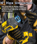 Beater Proof 21V Brushless Cordless Impact Driver Kit Yellow with 1/4-inch hex chuck held in gloved hand.