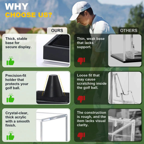 Comparison chart of Clear Acrylic Golf Ball Display Case With Secure Locking System vs other cases, showing durability and clarity.
