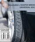 Person using adjustable L-shaped wrench on car tire with universal socket, part of Premium 10 In 1 Electric Scissor Jack With Enhanced Safety And 3 Ton Capacity One Button Easy Lift Portable Auto Lift Kit For Sedans And SUVs Automatic 12V Tire Change And Quick Repair Kit For Emergencies.