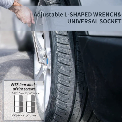Person using adjustable L-shaped wrench on car tire with universal socket, part of Premium 10 In 1 Electric Scissor Jack With Enhanced Safety And 3 Ton Capacity One Button Easy Lift Portable Auto Lift Kit For Sedans And SUVs Automatic 12V Tire Change And Quick Repair Kit For Emergencies.