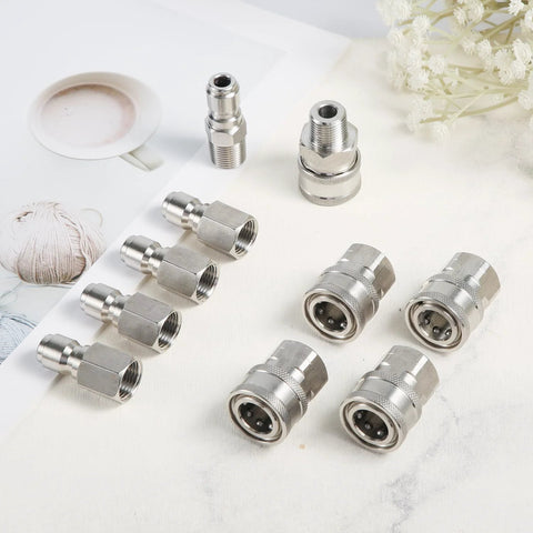 Ten stainless steel 1/4in pressure washer quick-connect fittings set with male and female adapters.