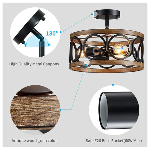 Semi Flush Mount Ceiling Light Fixture With 3 Lights, Open Drum Frame, Dope Modern Rustic Farmhouse Style, Black And Wood Grain Finish, Ideal For Bedroom Living Room Dining Room Hallways And Foyers, 13 Inch with metal canopy and E26 base.