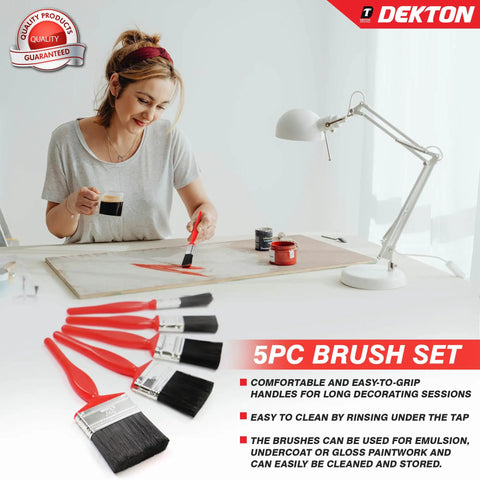 Woman painting with Five Piece Paint Brush Set With Durable Synthetic Bristles For All Paint Types displayed below.