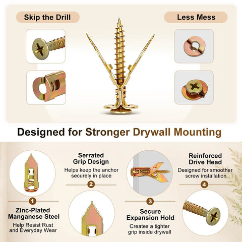 140 Piece Heavy Duty Metal Drywall Anchors And Screws Kit Featuring Foolproof Drill Free Installation For Tough As Nails Wall Mounting Decor Mirrors And Pegboards showing zinc-plated screws and anchors.