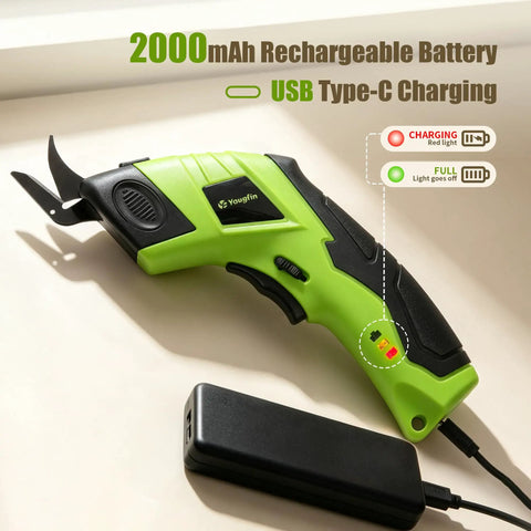 Cordless Electric Fabric Scissors With Rechargeable Power Shears Features A Solid Grip That Lets You Slice Through Tough Materials Like Butter While Delivering Precision Trims For Quilting And Upholstery Work When You Need Heavy Duty Muscle Without The, showing battery details and charging indicator.