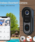 2K Wireless Video Doorbell Camera With Real Time Alerts 2 Way Audio Battery Powered Cloud And SD Storage mounted on wall