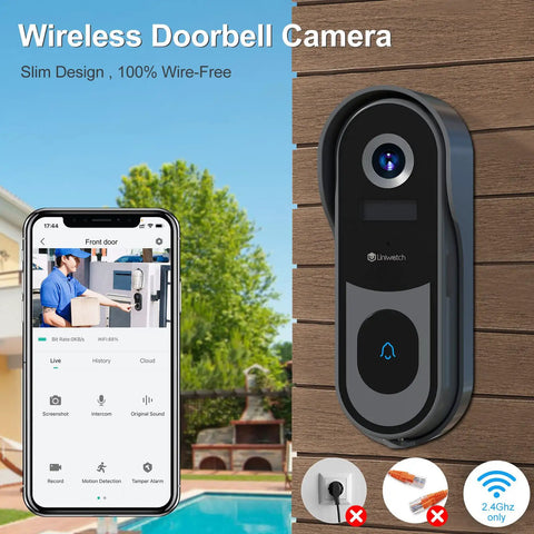 2K Wireless Video Doorbell Camera With Real Time Alerts 2 Way Audio Battery Powered Cloud And SD Storage mounted on wall