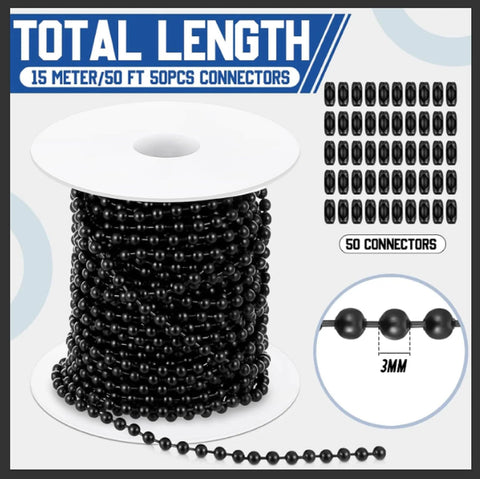 Beaded Chain For Roller Shades And Vertical Blinds 50 Ft 3mm With 50 Connectors Black on spool with connectors visualized