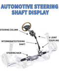 Automotive steering shaft display showing steering column, intermediate shaft, U-joint couplings, and steering rack
