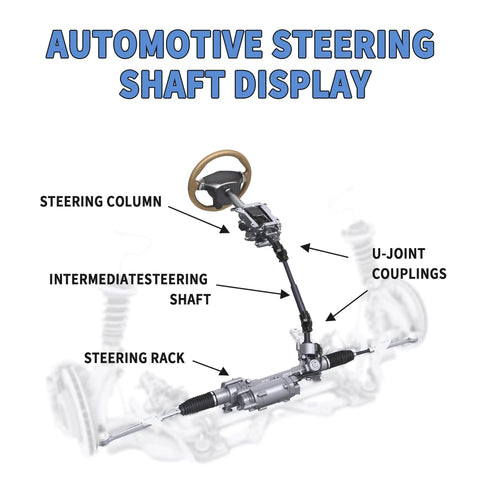 Automotive steering shaft display showing steering column, intermediate shaft, U-joint couplings, and steering rack