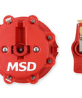 Distributor Cap And Rotor Kit Red For High Performance Ignition System Upgrade Low Resistance Brass Contacts Resists Carbon Tracking Street Ready Replacement Part For Reliable Spark And Maximum Voltage Transfer red MSD cap and rotor set, front view