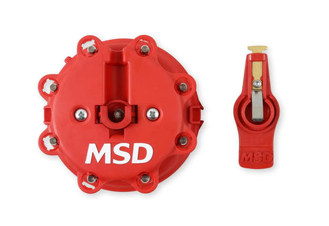 Distributor Cap And Rotor Kit Red For High Performance Ignition System Upgrade Low Resistance Brass Contacts Resists Carbon Tracking Street Ready Replacement Part For Reliable Spark And Maximum Voltage Transfer red MSD cap and rotor set, front view
