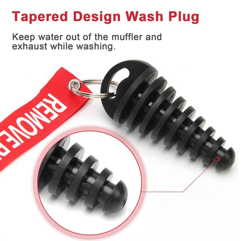 Exhaust Wash Plug For Motorcycles And Dirt Bikes 0.6 To 1.5 Inch thick rubber plug with red tag and tapered design