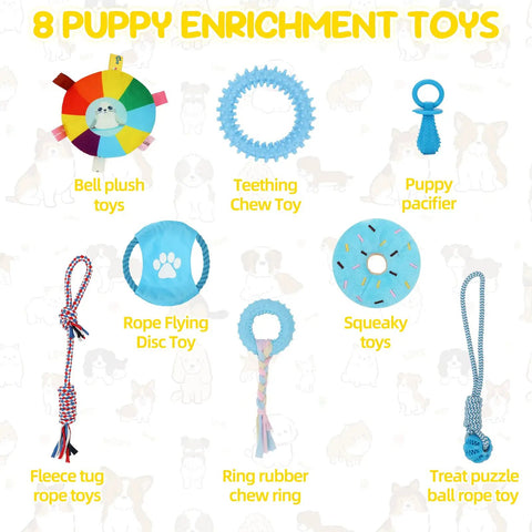 Puppy Play Gym Indoor Dog Playground With 8 Enrichment Toys Hanging Toys PVC Frame Interactive Activity Center For Small Dogs And Puppies Keeps Busy Pups Calm And Happy featuring various toys.