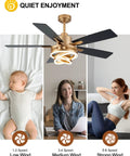 52 Inch Ceiling Fan With Light Gold Chandelier, DC Motor, Dimmable LED shown in different wind speed settings with relaxed people.