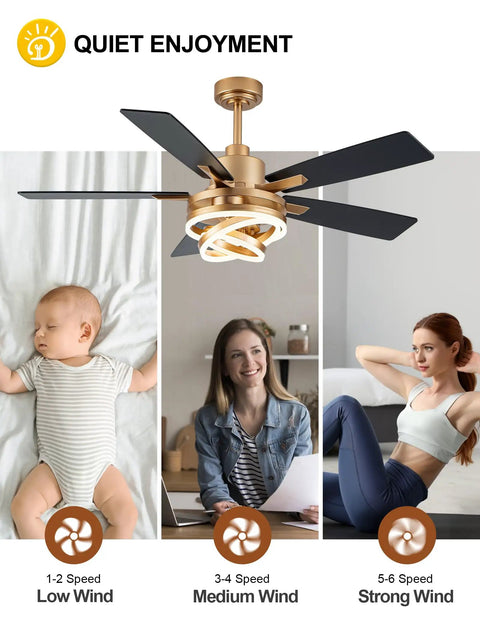 52 Inch Ceiling Fan With Light Gold Chandelier, DC Motor, Dimmable LED shown in different wind speed settings with relaxed people.