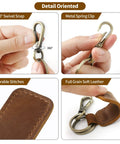 Dope Genuine Leather Keychain For Cars And Everyday Keys showing 360° swivel snap, metal spring clip, and durable stitches.