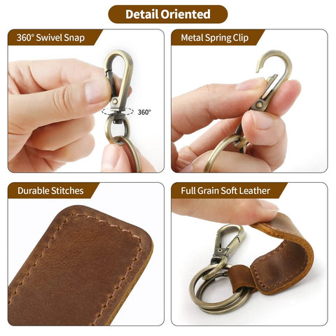 Dope Genuine Leather Keychain For Cars And Everyday Keys showing 360° swivel snap, metal spring clip, and durable stitches.