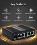 Industrial 6 Port Unmanaged Gigabit Ethernet Switch With Five 10/100/1000BASE-T Ports And One 1000BASE-X SFP Slot, features shown