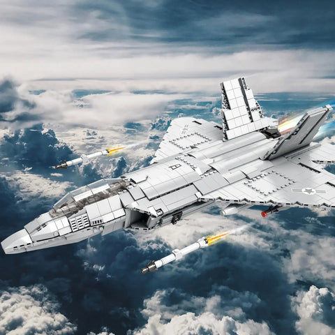 F-22 Raptor Fighter Jet Building Block Set flying with missiles, 1837 pieces, ideal for military aircraft lovers, age 14+.