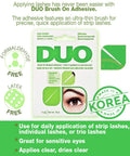 Brush On Clear Lash Glue Waterproof Strip Lash Adhesive With Vitamins A C And E packaging in green, hypoallergenic features displayed