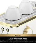 Two white cups on the cup warmer area of the Slick Compact Espresso Maker With Crackin Hot 30 Second Heat Up And 20 Bar Italian Pump For Rich Crema Lattes Featuring Pro Milk Frothing Wand In Sleek White And Gold.