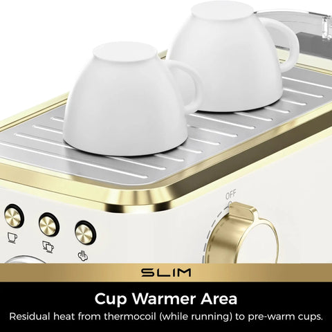 Two white cups on the cup warmer area of the Slick Compact Espresso Maker With Crackin Hot 30 Second Heat Up And 20 Bar Italian Pump For Rich Crema Lattes Featuring Pro Milk Frothing Wand In Sleek White And Gold.
