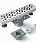 12 Inch Shower Drain With Removable Strainers In Brushed Nickel Finish High Flow Shower Drain Base For Bathroom Easy Install With A Hair Catcher V Shaped Slope Delivers 36 Lpm Without Mesh Or 18 Lpm With Mesh 2 Inch Outlet US Plumbing Connection cUPC, showcasing brushed nickel cover and mesh basket