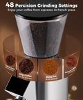 Level Up Your Daily Cup With This Rock Solid Conical Burr Coffee Grinder Packing 48 Precision Settings And Butter Smooth Electric Grinding For Fresh Espresso To French Press Perfection In Sleek Silver showing grinding settings and coffee beans.