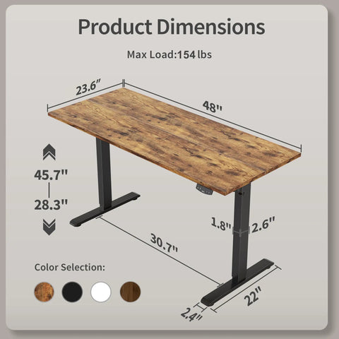 Dimensions of Electric Standing Desk 48 By 24 Inch With Quiet Lift Memory Presets Sit Stand Ergonomic Desk For Home Office 28.3 To 45.7 Inch Height Rustic Brown Finish Smooth Adjustable Computer Table For Workday Comfort shown.