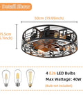 Top view of Caged Ceiling Fan With Lights 20 Inch Industrial Farmhouse Cool Vibe, detailing size and bulb specifications.