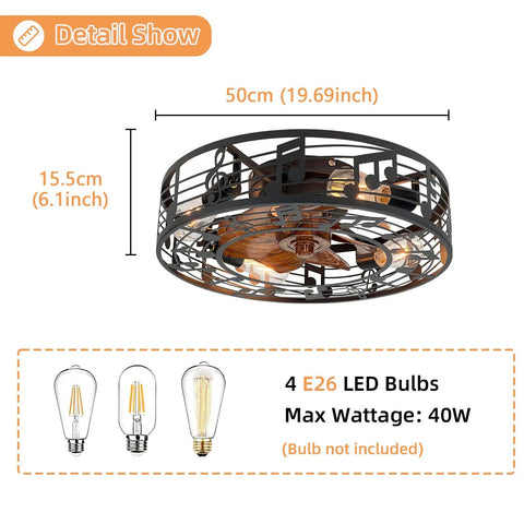 Top view of Caged Ceiling Fan With Lights 20 Inch Industrial Farmhouse Cool Vibe, detailing size and bulb specifications.
