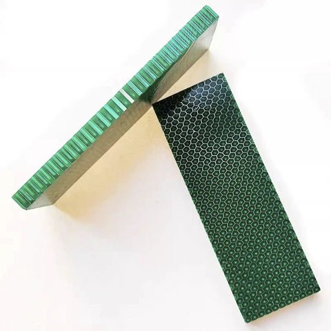 Honeycomb Pattern Resin Knife Handle Scales Set In Snakeskin Green Pearl Resin Composite For Knife Making, top view of slabs