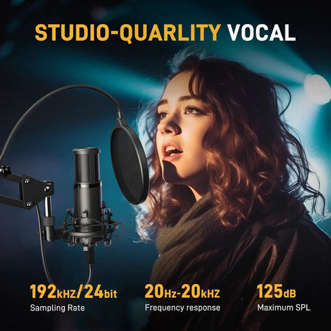 Woman singing with USB Condenser Microphone Kit For PC With One Touch Mute And Mic Gain Knob For Singing Podcast Streaming And Studio Sessions Delivering Rich Warm Clear Audio.